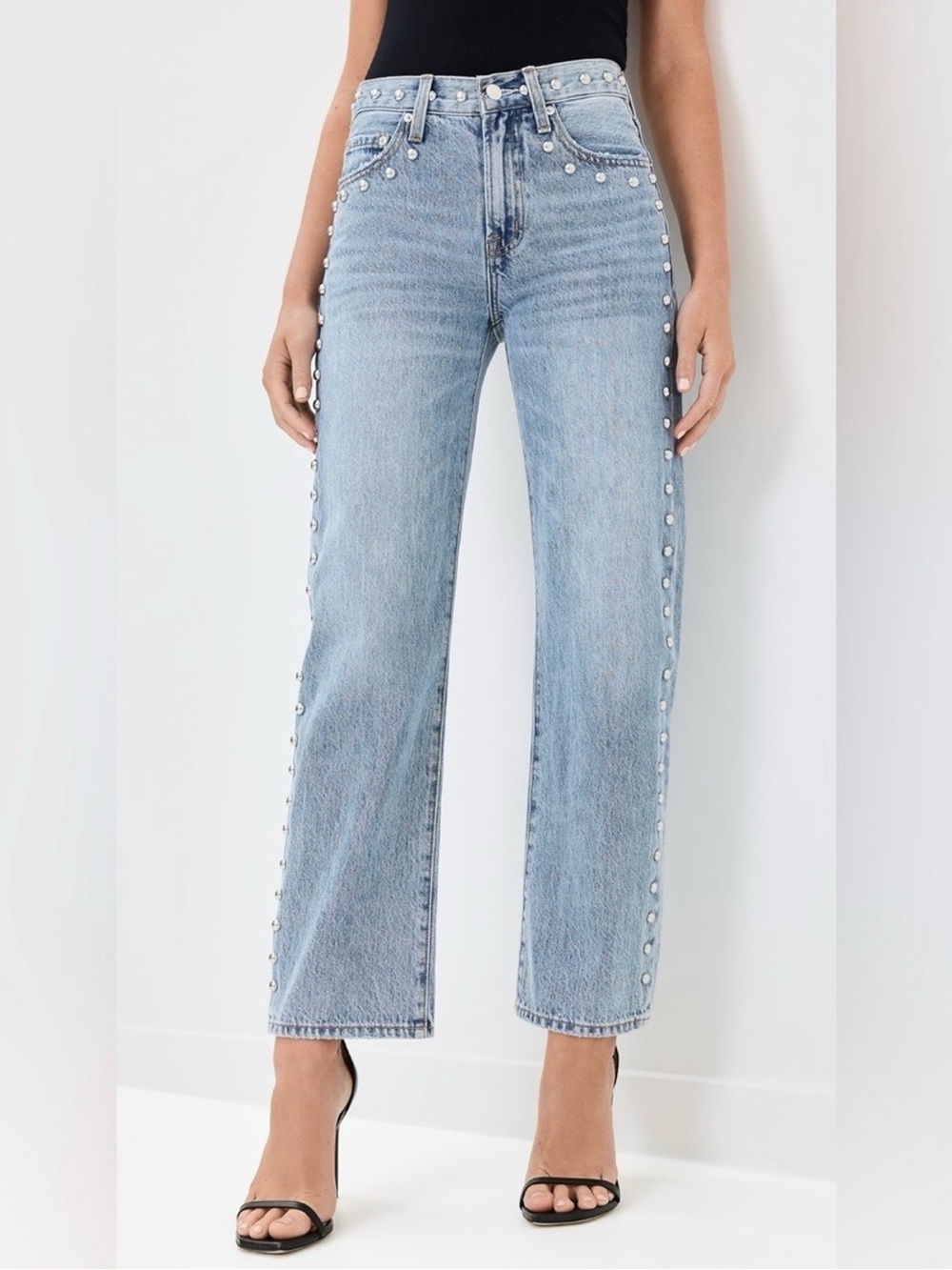 pistola Light Blue Straight Leg Jeans with Pearl Trim